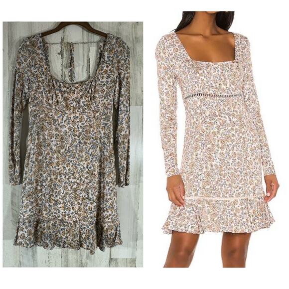 Free People Boheme Mini Dress Size 2 Floral Long Sleeve Tie Back Square Neck - Picture 1 of 10